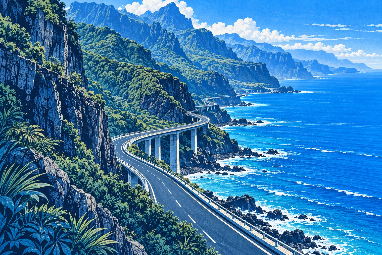 Vue dessinée du littoral de La Réunion : une route côtière serpente entre les reliefs volcaniques et l’océan Indien.